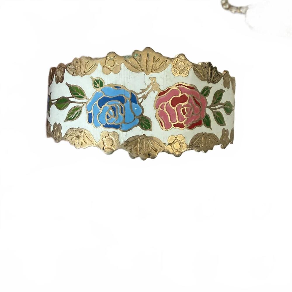 Vintage Cloisonné Enameled Metal Roses Cuff Bracelet Taiwan - Picture 5 of 7